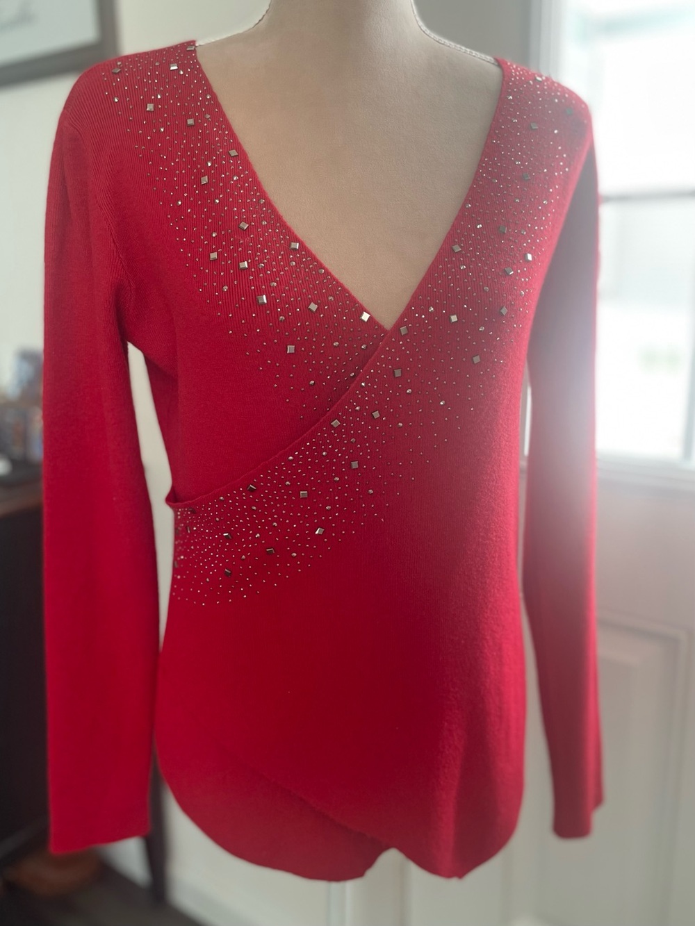 Vila Milano Red V-Neck Embellished Knit Sweater, Small